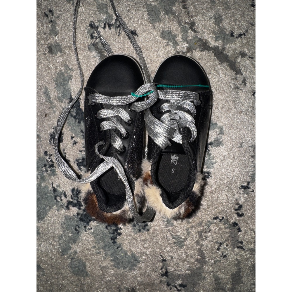 Black Sparkly Tennis Shoes with Leopard Fur Accent